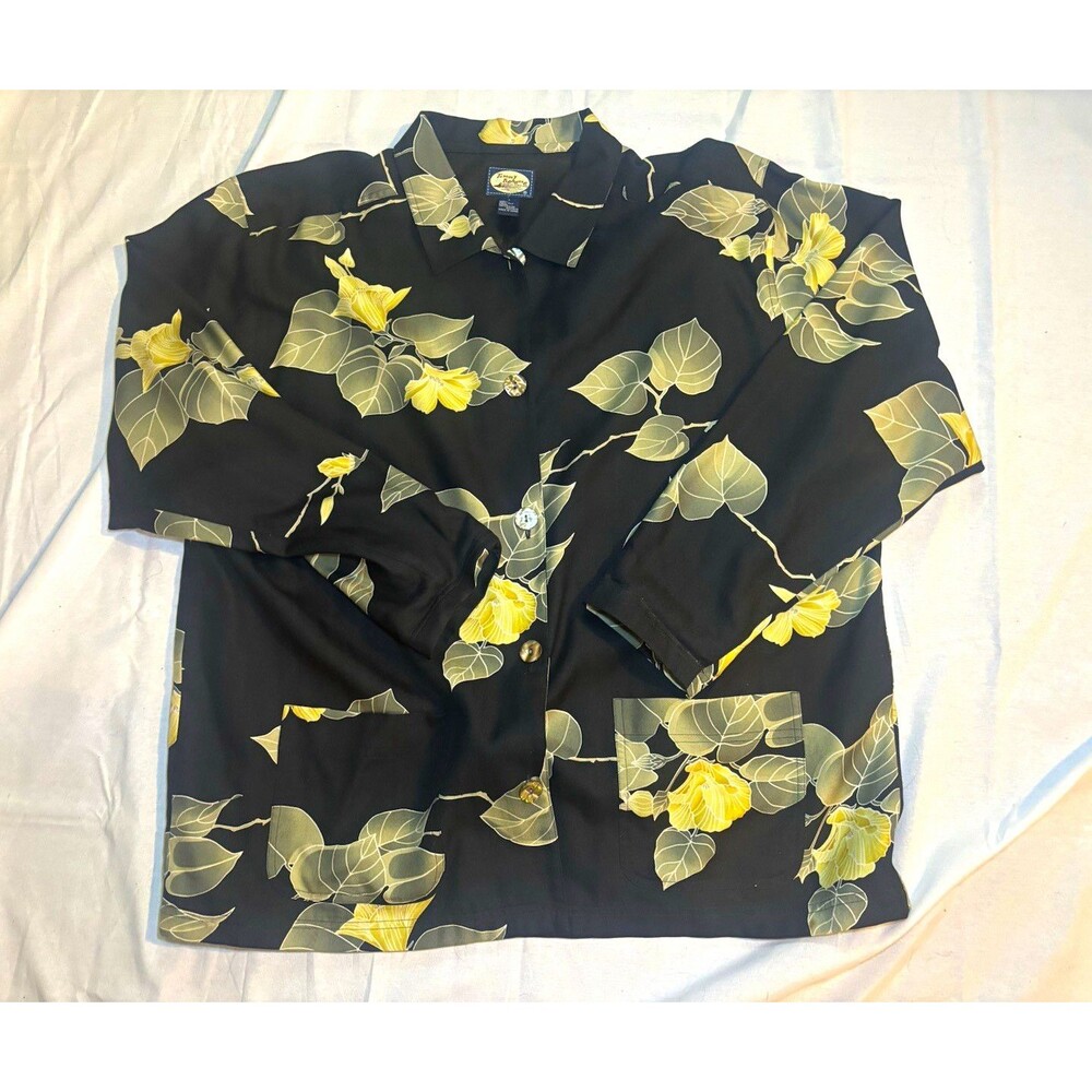 Tommy Bahama Mens L Silk Lined Jacket Shirt Long Sleeve Black Yellow Floral Leaf